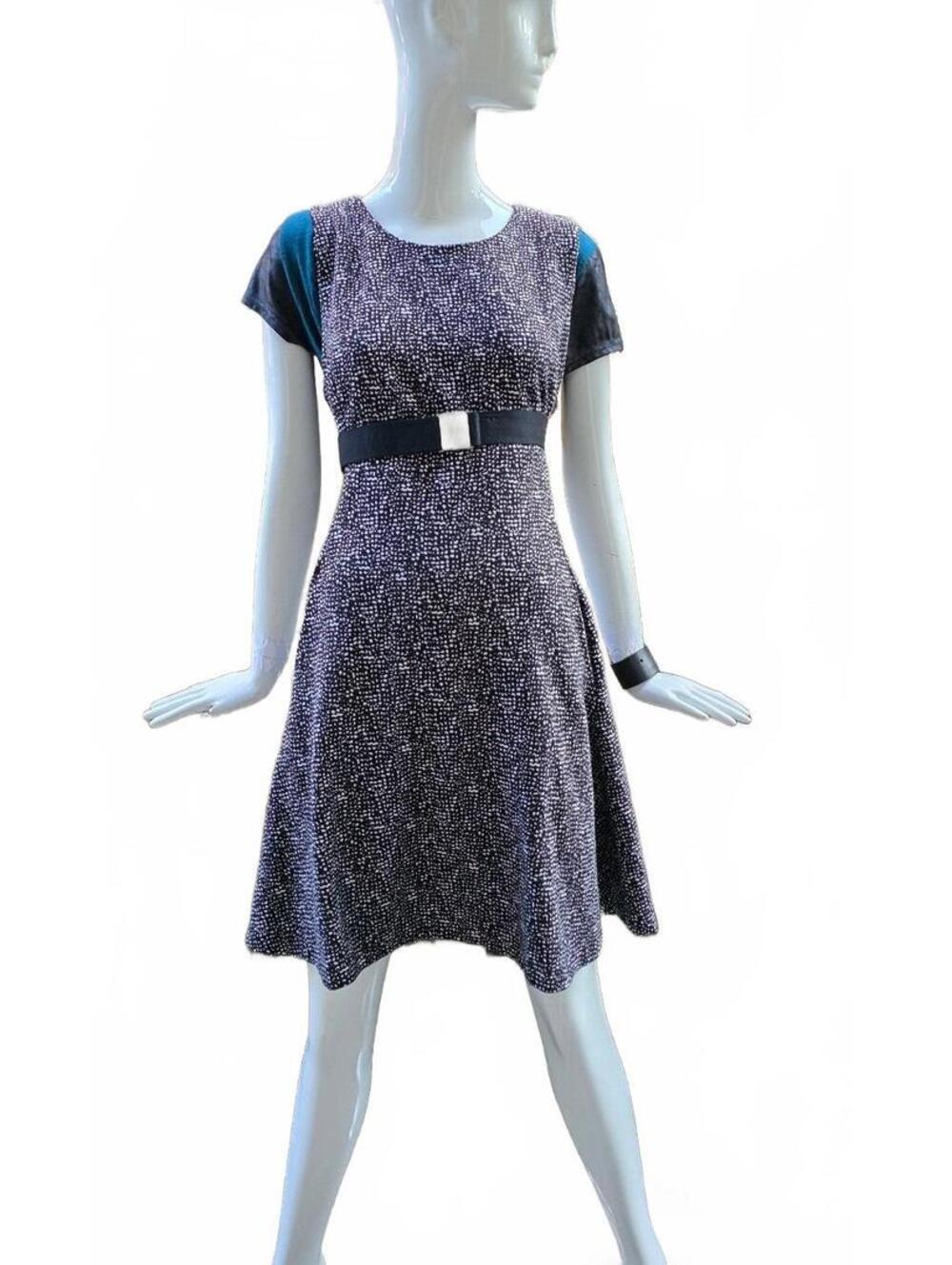 DKNY Black White Jacquard Knit Fit Flare A-Line Dress Size 14 Stretch Sleeveless - Picture 7 of 12